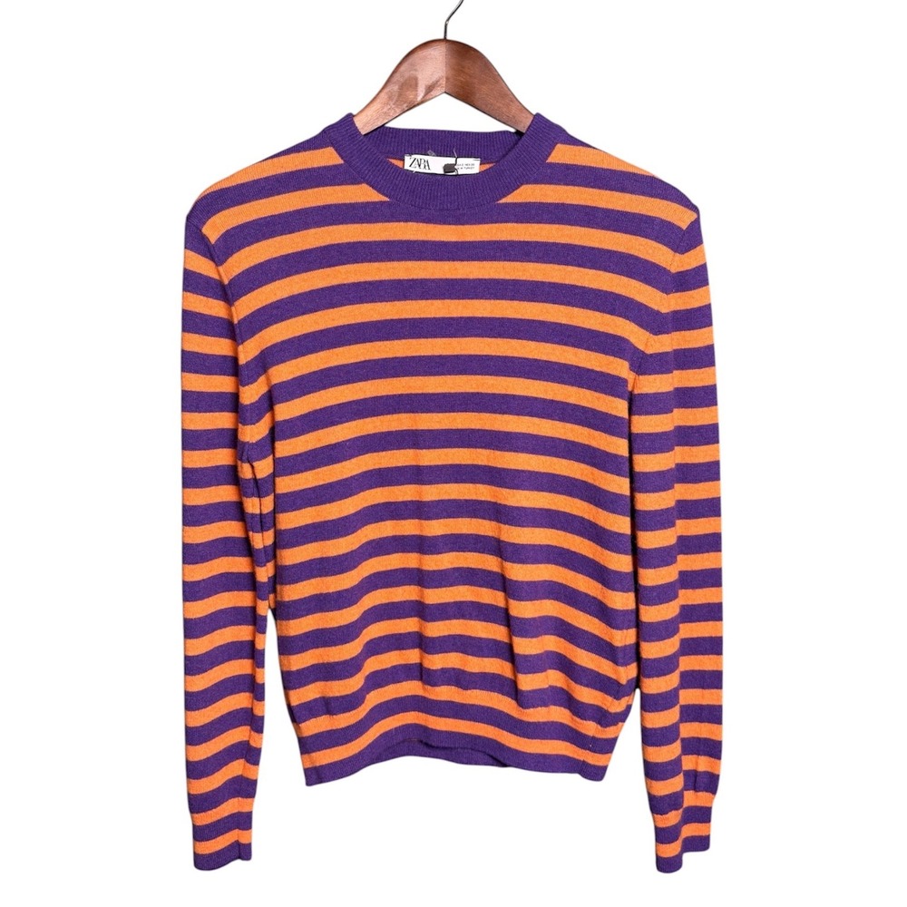 Zara Striped Sweater Italian Yarn Wool Cashmere Purple Orange Crew Neck NWT Sm